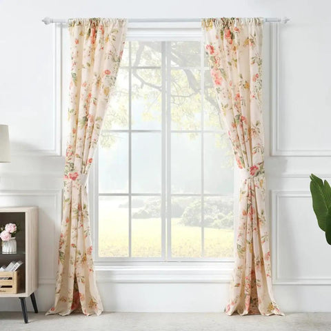 Buttercup Floral Curtain Panel Set, 42W X 84L Inches Each, Lined, Two Panels With Tiebacks, installed on window