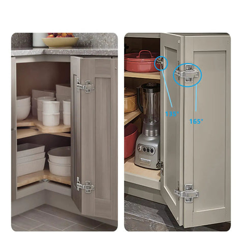 165 Degree Corner Cabinet Hinges 2 Pack Heavy Duty No Fuss Frameless Lazy Susan Cabinets Soft Close Installed in Kitchen