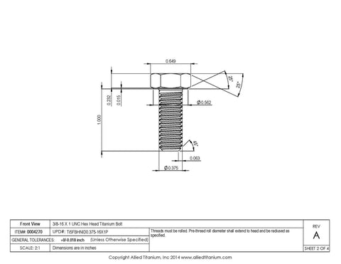 3/8-16 X 1 UNC Titanium Hex Head Bolt dimensions, corrosion-proof design for marine builds, grade 5 fastener in detail.