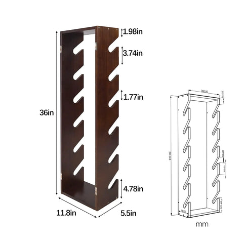 Six Tier Wooden Skateboard Wall Rack Mount 36 Inch Display Stand And Storage Organizer With dimensions and blueprint view