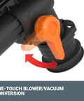 Trivac 3 In 1 Electric Leaf Blower Vacuum Mulcher showing one-touch blower to vacuum conversion with orange lever.