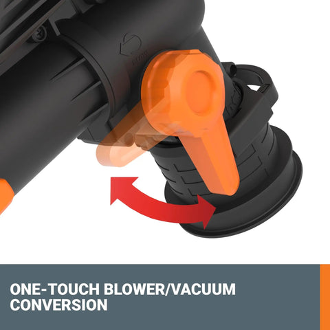 Trivac 3 In 1 Electric Leaf Blower Vacuum Mulcher showing one-touch blower to vacuum conversion with orange lever.