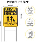 Slow Down Signs With H Stake 16x12 Inches Kids And Pets At Play Double Sided Street Safety Signs Waterproof Fade Resistant Weatherproof Durable Pack Of 3 For Driveways And Neighborhoods with icons showing size and weather resistance features.