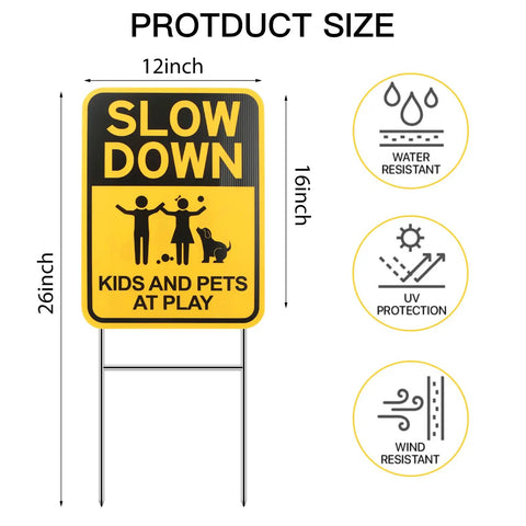 Slow Down Signs With H Stake 16x12 Inches Kids And Pets At Play Double Sided Street Safety Signs Waterproof Fade Resistant Weatherproof Durable Pack Of 3 For Driveways And Neighborhoods with icons showing size and weather resistance features.