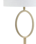 Close-up of 61 Inch Brass Gold Metal LED Floor Lamp with Hoop Design, featuring white linen drum shade and sleek brass hoop in modern style.