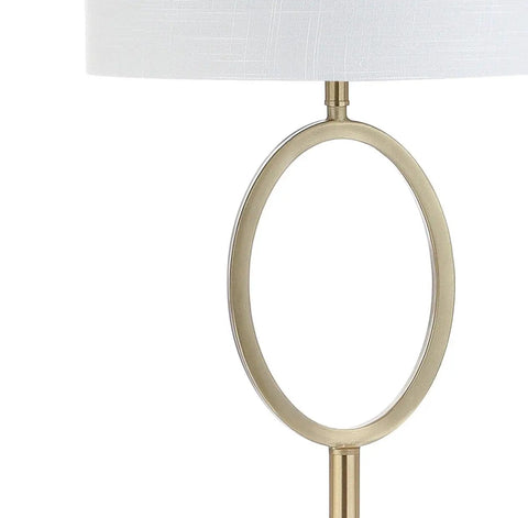 Close-up of 61 Inch Brass Gold Metal LED Floor Lamp with Hoop Design, featuring white linen drum shade and sleek brass hoop in modern style.