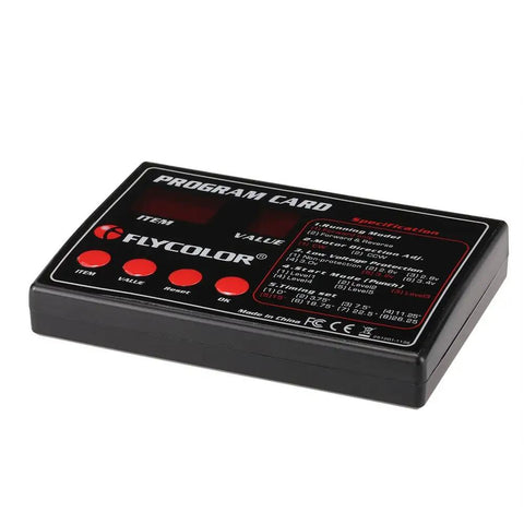 Flycolor RC Boats ESC Programming Card for Quick Setup and Tuning, Easy Forward and Reverse Modes, shown at an angle with buttons visible