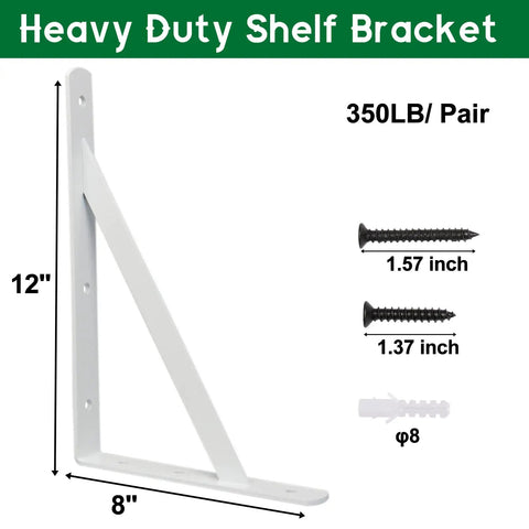 Ten Pack Heavy Duty Shelf Triangle Brackets 12 Inch Long By 8 Inch High Right Angle L Braces For Floating Shelves Black With Screws Built To Last Tough As Nails Each Pair Supports Up To 1200 Lbs, shown package contents and dimensions.