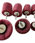 7 Piece Red Non Woven Abrasive Drill Buffing Attachment Set with One Quarter Inch Shank, assorted shaped grinding heads