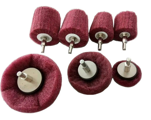 7 Piece Red Non Woven Abrasive Drill Buffing Attachment Set with One Quarter Inch Shank, assorted shaped grinding heads