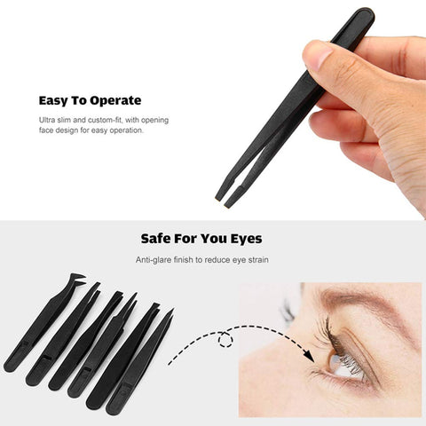Hand holding a tweezer from the Antistatic Plastic Tweezers Kit For Electronics And Craftwork Handy Precision Black 6 Piece Set Static Safe Pickup