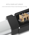 Close-up of durable metal gear in a Compact 25mm Stroke Linear Actuator, 40N 8.81 Lbs Force, IP54 Aluminum Body, 12V, with 0.6 In Per Sec Travel