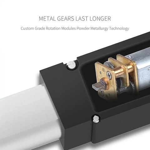 Close-up of durable metal gear in a Compact 25mm Stroke Linear Actuator, 40N 8.81 Lbs Force, IP54 Aluminum Body, 12V, with 0.6 In Per Sec Travel