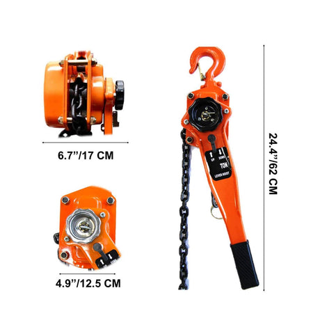 Manual Lever Block Chain Hoist 3 Ton 6000 Lbs Come Along 10 Ft 3 M With Hook dimensions shown in images