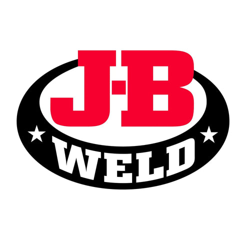 J-B Weld logo with bold red and white lettering on a black oval background