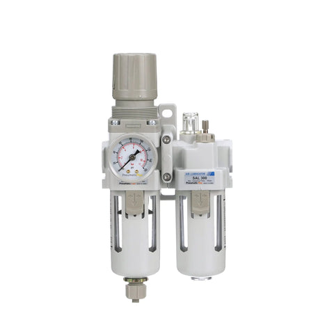 Front view of Piggyback Compressed Air Filter Regulator Lubricator Combo 3/8 NPT with 10 Micron Element and poly/metal bowl.