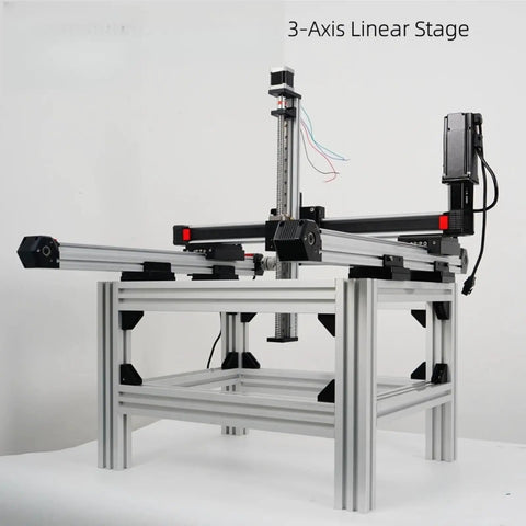 Heavy Duty Dual Axis Linear Actuator Electric XYZ Motion Platform Long Stroke Belt Drive Motor mounted on a 3-axis linear stage.