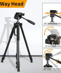 Lightweight Laser Level Tripod With 3 Way Rotating Head 360 Degree Horizontal 180 Degree Vertical 90 Degree Tilt 58.27 Inch Adjustable Height Dual Bubble Levels Pro Grade One Quarter Inch Threaded Interface