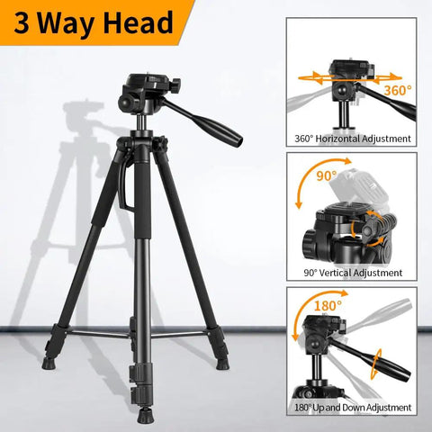 Lightweight Laser Level Tripod With 3 Way Rotating Head 360 Degree Horizontal 180 Degree Vertical 90 Degree Tilt 58.27 Inch Adjustable Height Dual Bubble Levels Pro Grade One Quarter Inch Threaded Interface