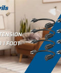 Short black extension cords shown in a living room setting highlighting their utility. Built Tough 20 Foot Weatherproof Extension Cord For Indoor Appliances 16 3 SJTW 3 Prong Black ETL Listed 2 Pack Ideal For Hard To Reach Sockets Behind Furniture