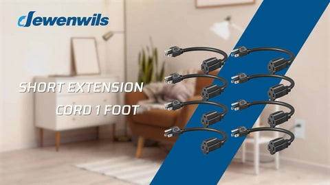 Short black extension cords shown in a living room setting highlighting their utility. Built Tough 20 Foot Weatherproof Extension Cord For Indoor Appliances 16 3 SJTW 3 Prong Black ETL Listed 2 Pack Ideal For Hard To Reach Sockets Behind Furniture