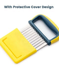 Front view of yellow-handled crinkle cutter knife with blue frame and stainless steel blade; protective yellow cover