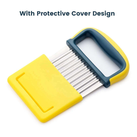 Front view of yellow-handled crinkle cutter knife with blue frame and stainless steel blade; protective yellow cover
