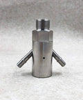 Front view: Waterjet mixing chamber assembly, stainless steel, with threaded top port and dual side fittings.