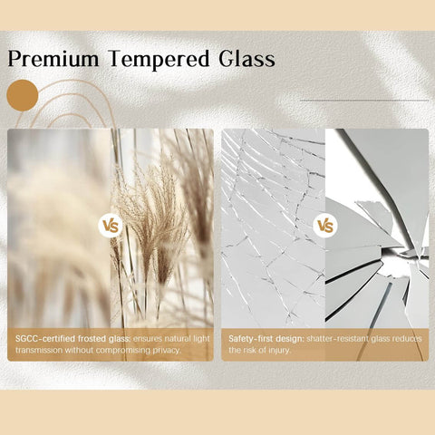 Comparison image of premium tempered glass vs. shatter-resistant glass with focus on safety and privacy features.