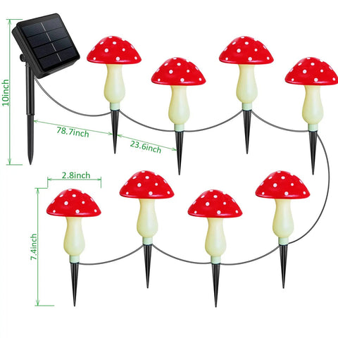 8 Pack Red Mushroom Solar Lights For Outdoor Garden Decor With 8 Lighting Modes, solar panel and realistic mushrooms layout