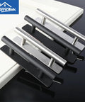 Set Of Four Self Adhesive Sliding Closet Door Handles in brushed stainless steel and black finish, shown on a white surface.