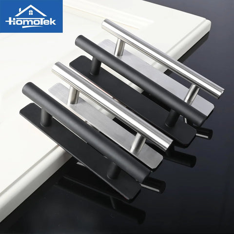 Set Of Four Self Adhesive Sliding Closet Door Handles in brushed stainless steel and black finish, shown on a white surface.