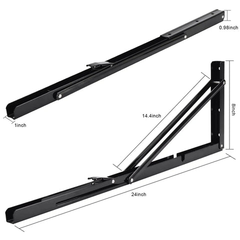 Super Heavy Duty 24 Inch Folding Shelf Brackets Black Sleek L Braces With 330 Pound Load Rating Set of 2 with dimensions shown.