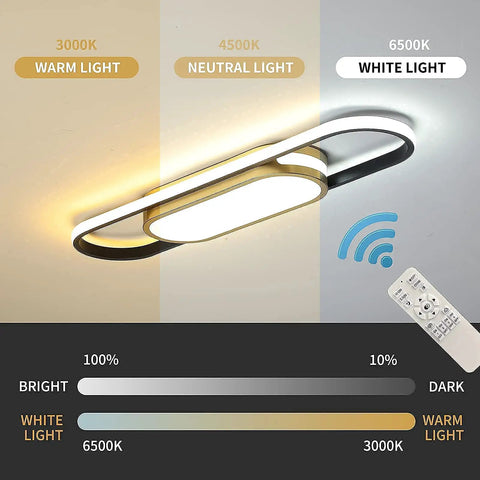 Modern LED Flush Mount Ceiling Light With Remote showing dimmable 40W panel with 3000K to 6500K color temp and control chart