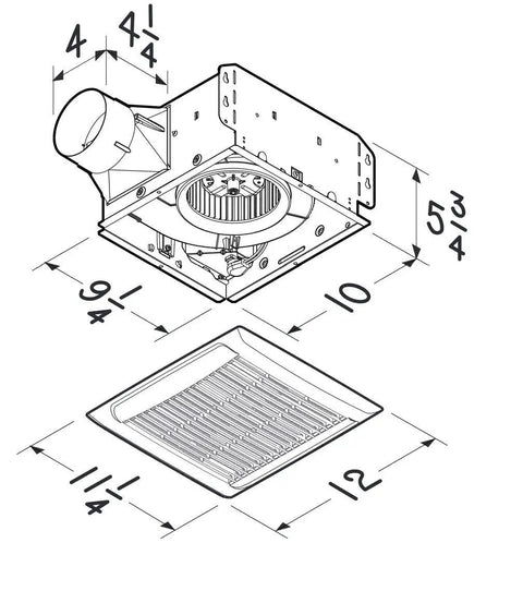 Diagram of Energy Star Ceiling Vent Fan With 110 CFM And 1.0 Sones Quiet Bathroom Exhaust measurements and grille view