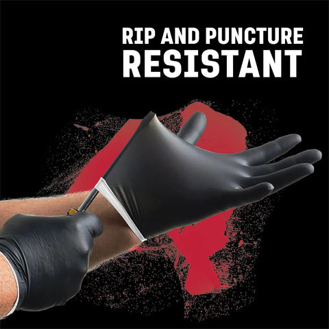 Kick Ass Heavy Duty Nitrile Work Gloves Chemical Resistant Disposable Black Rubber With Textured Grip Six Mil Thick Dual Layer Latex Powder Free Trade Ready Protective Shield For Pros Pack Of 100 Large worn on hand cutting through material.
