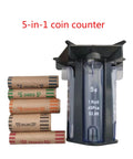 5in1 Coin Counter And Sorter With Tube Wrapper Holder next to coin rolls, compact design for cashiers and coin nerds