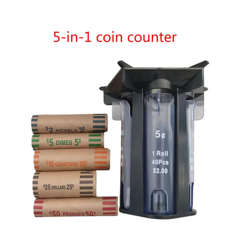 5in1 Coin Counter And Sorter With Tube Wrapper Holder next to coin rolls, compact design for cashiers and coin nerds