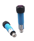 M18 5m Cylindrical Through Beam Photoelectric Proximity Switch Plug In Sensor For Industrial Machinery RetroReflection 2m Range NPN NO Wide Voltage Durable Proximity Sensor For Tight Spots And Easy Mounting shown upright and lying down