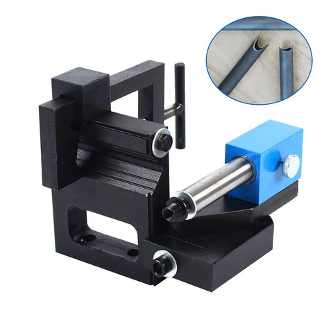 Heavy Duty Round Pipe Notcher Tool Grips Tight On Three Quarter To Three Inch Tubing With Zero To Fifty Degree Angles And Built Beefy Steel Frame, showing adjustability and robust design.