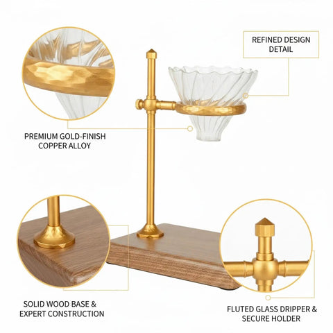 Heavy Copper Alloy Pour Over Coffee Dripper Stand For Kitchen Counter with fluted glass dripper and solid wood base.
