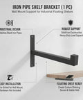 Industrial Pipe Shelf Bracket Wall Mount for Floating Shelves, showing black iron design with easy installation details.