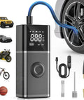 Hella Fast Cordless Tire Inflator Packed With Rechargeable Battery And Dual Power Supply For Cars Trucks And Suv Up To 150 Psi Portable Air Compressor displayed with LED screen and accessories.