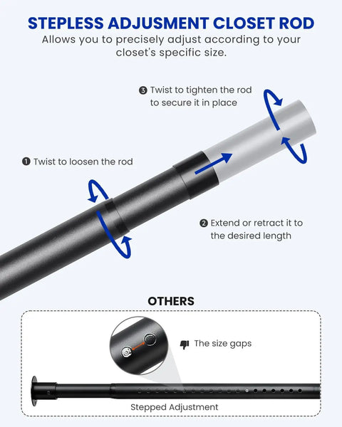 Heavy Duty Stepless Adjustable Closet Rod Designed For Seamless Closet Refresh Custom Steel Support Bar Holds Sixty Six Pounds Legit Rock Solid Slick Tool Free Installation