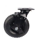 Eight Inch Pneumatic Rubber Caster Wheel Featuring Side Brake And Flanged Track Perfect For Hotel Luggage Carts Smooth Heavy Duty Roll That Glides Like A Dream Any Day Long side view with flanged track.
