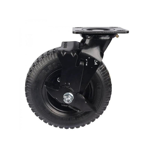 Eight Inch Pneumatic Rubber Caster Wheel Featuring Side Brake And Flanged Track Perfect For Hotel Luggage Carts Smooth Heavy Duty Roll That Glides Like A Dream Any Day Long side view with flanged track.