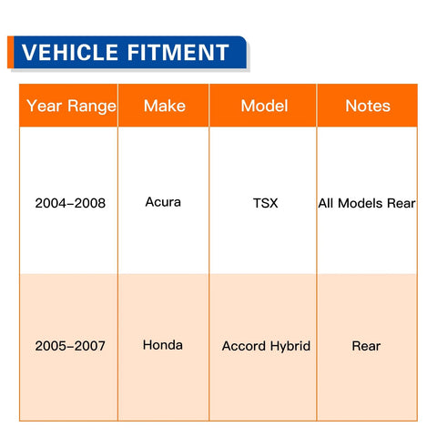 Vehicle fitment chart for rear wheel hub bearing assembly Acura TSX Honda Accord, applicable to 2004-2008 TSX and 2005-2007 Accord Hybrid.