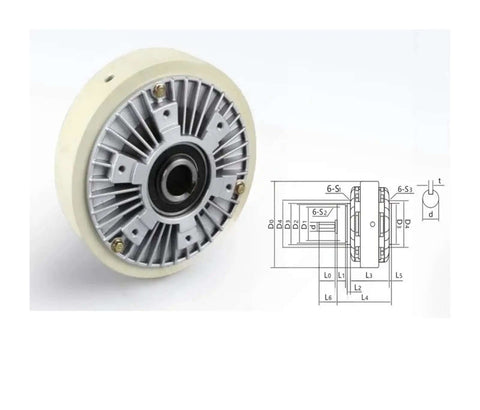 Magnetic Powder Brake With Hollow Shaft For Smooth Unwind And Tension Control, 12Nm Torque, 24V DC, showing product and schematic.