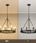 Eight-Light Wagon Wheel Chandelier in Black shown on and off, farmhouse meets modern industrial, round pendant lights for dining room.