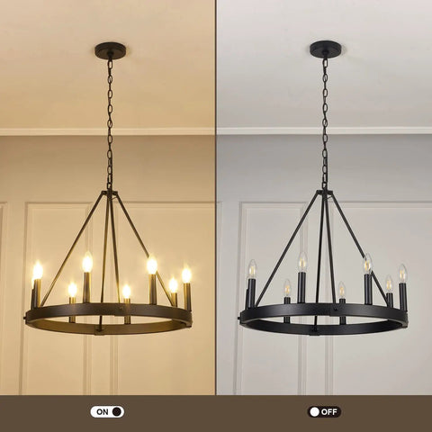 Eight-Light Wagon Wheel Chandelier in Black shown on and off, farmhouse meets modern industrial, round pendant lights for dining room.